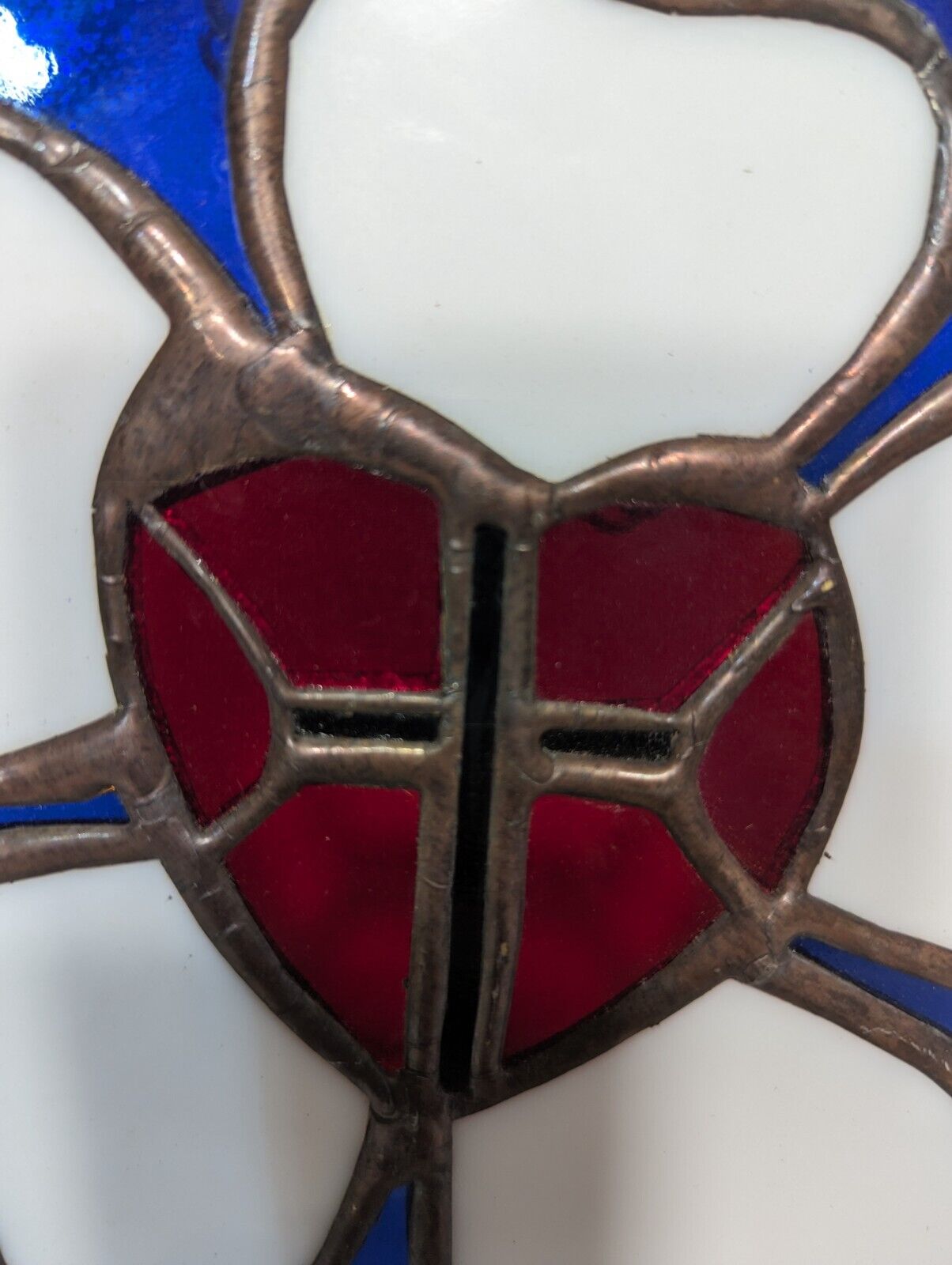 Vintage 7" Stained Glass Medallion Blue Background, White Clover, Red Heart