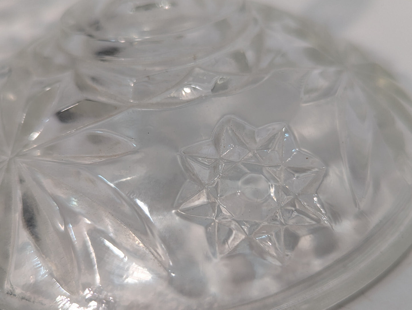 Vintage Antique Crystal Clear Glass Candy Dish, Snack Jar, Lid, Starburst Design