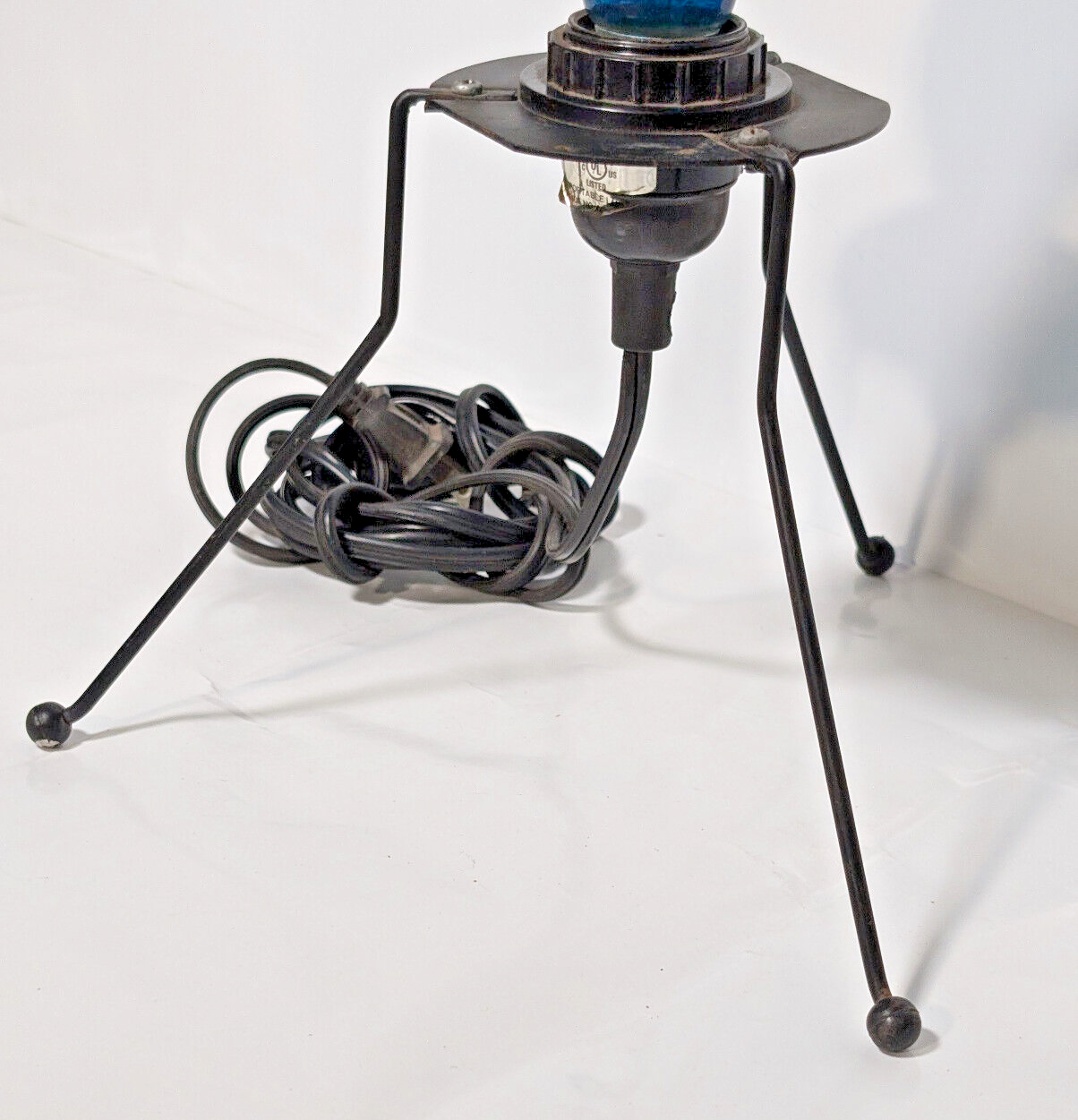 Vintage 1980s blue bulb, black metal, stilt lamp, minimalist, post-modern, pop