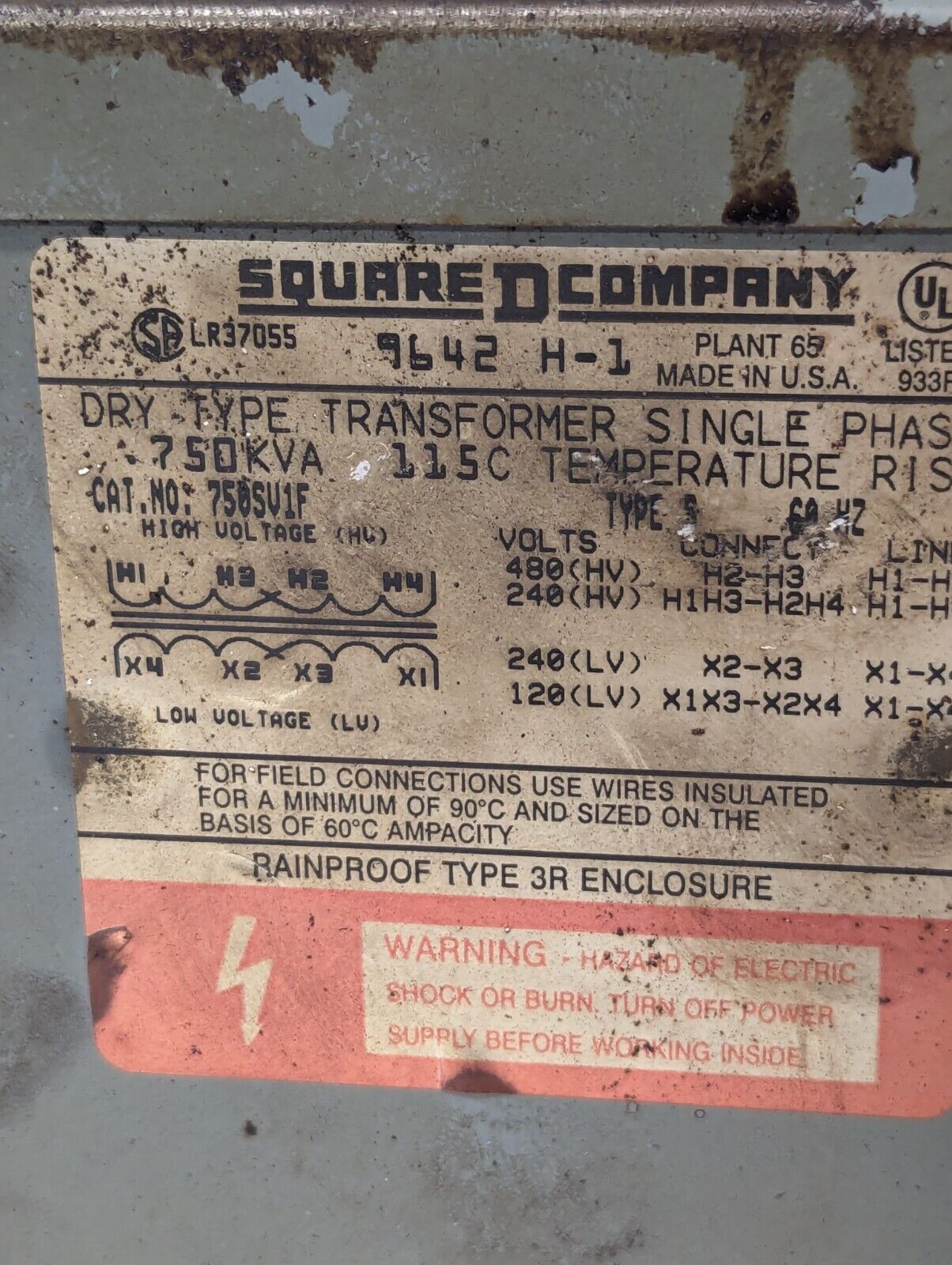 Square D 750SV1F Dry Type Transformer in Type R3 Rainproof Enclosure, LR37055