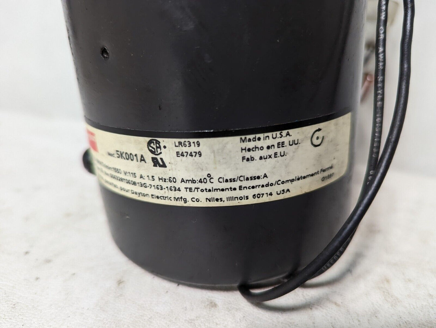 Dayton 5K001A motor, 1/20HP, 1550RPM, 115VAC, 1.5A