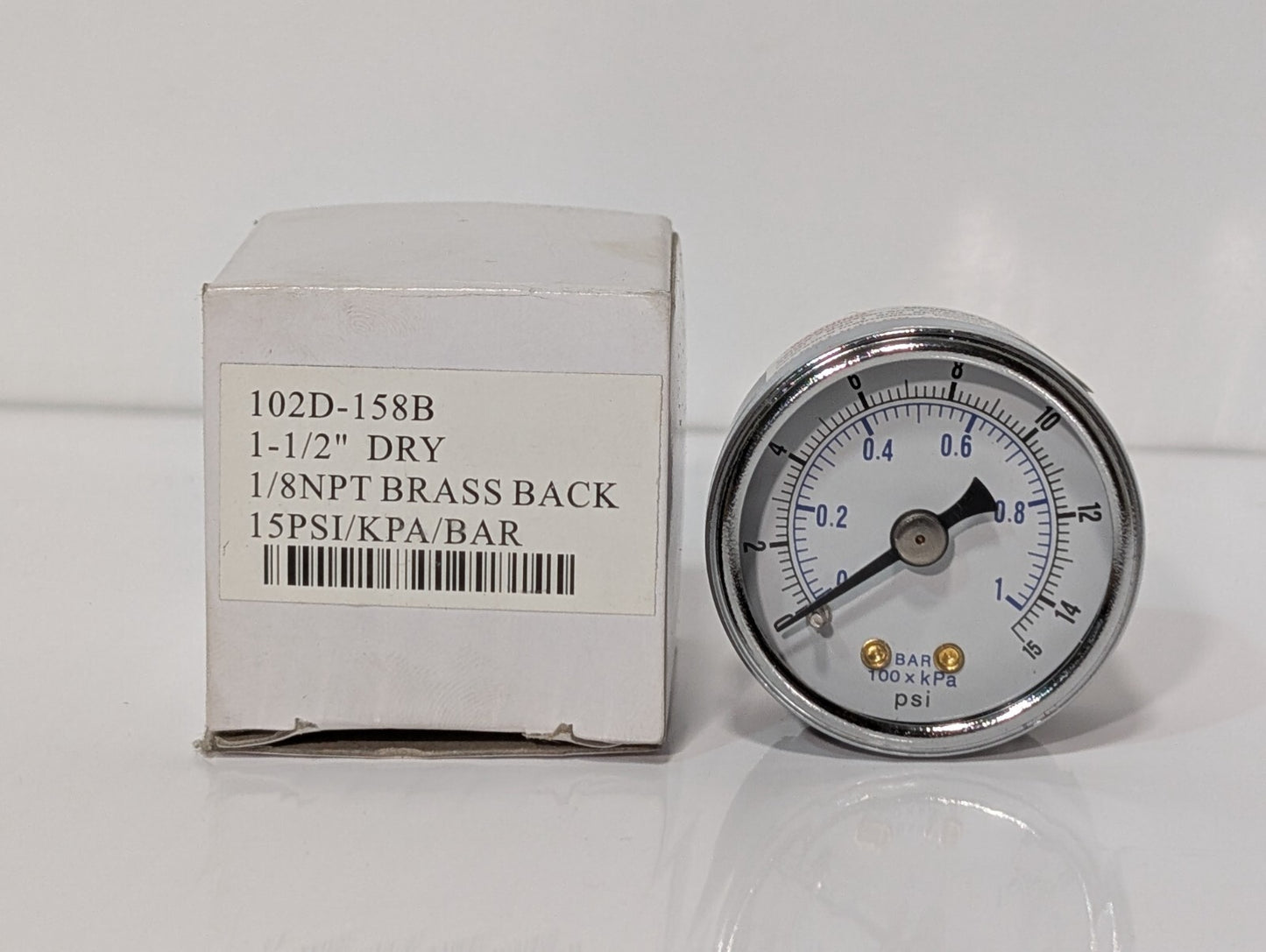102D-158B Dry Pressure Gauge 1.5" 1/8" NPT Brass Back 15 PSI/KPA/BAR