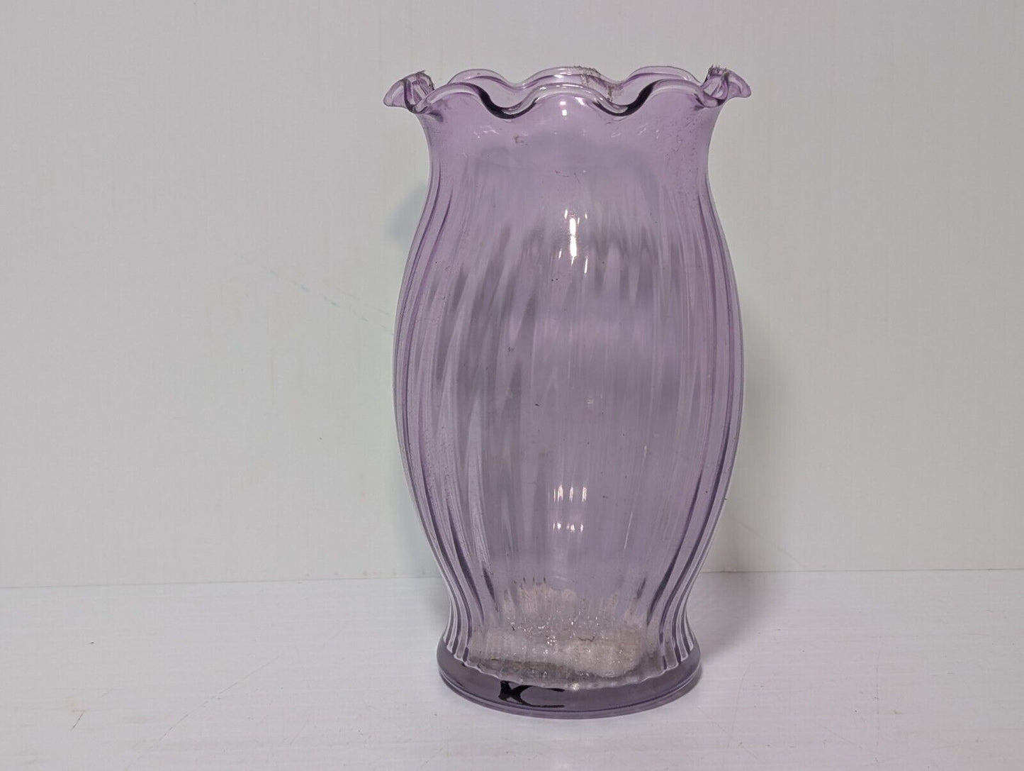 Vintage Lilac Spiral Pattern Scalloped Edge Translucent Vase, 6.5”H x 3.5"Dia.