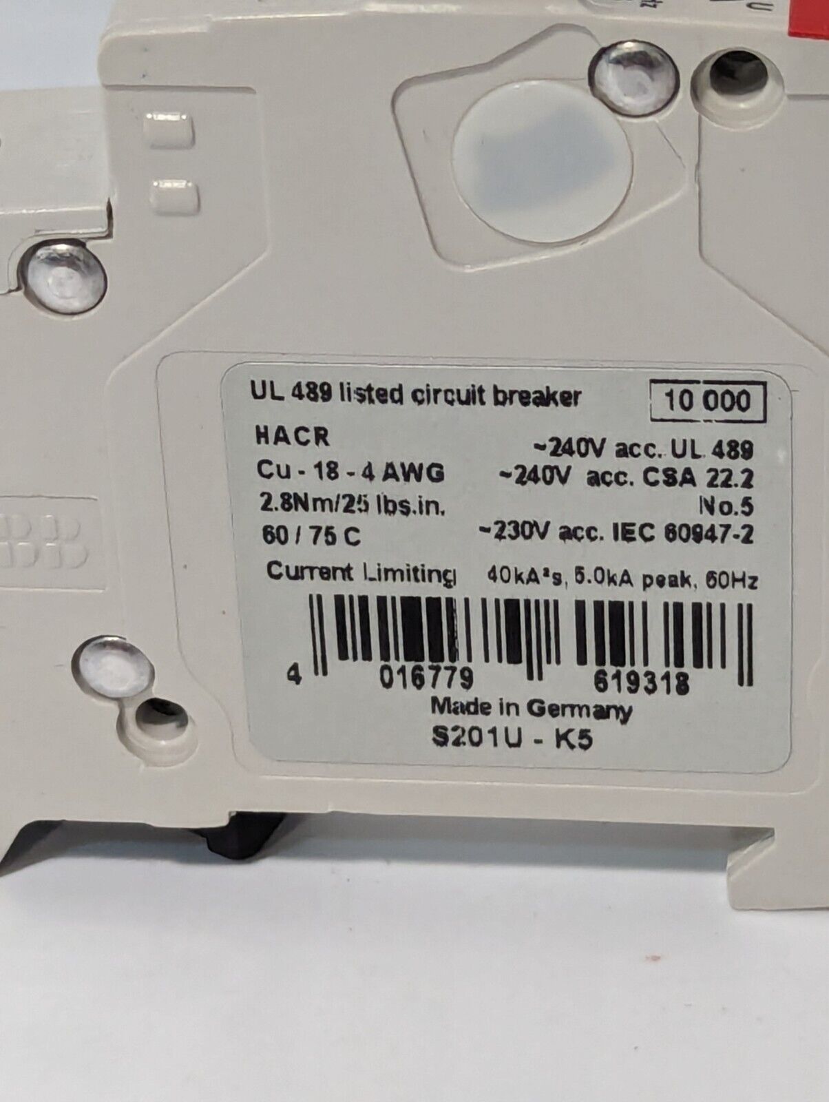 ABB S201UK5A Circuit Breaker, 5A, 240VAC, 50/60Hz, 1 Pole Unit - Free Shipping