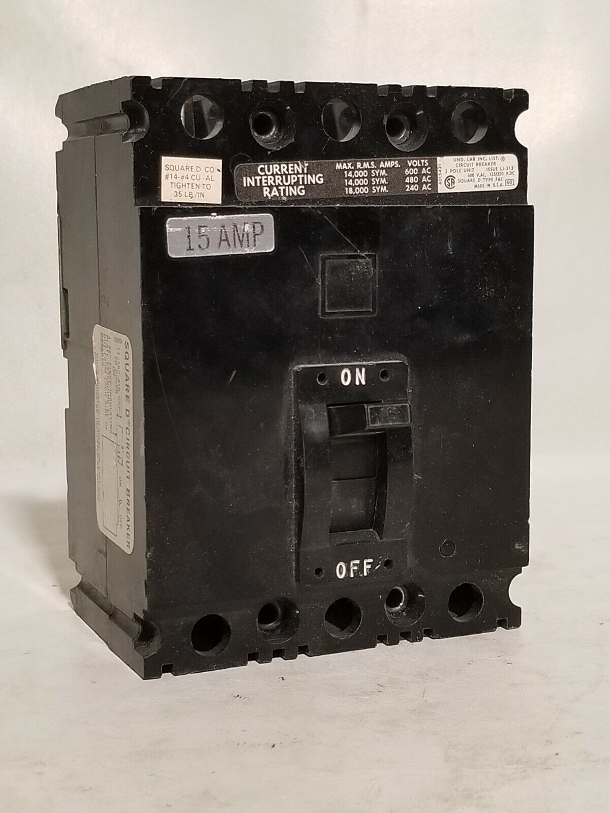 Square D FAL36015 circuit breaker, 15 amps, 3 poles, 600VAC, 125/250VDC