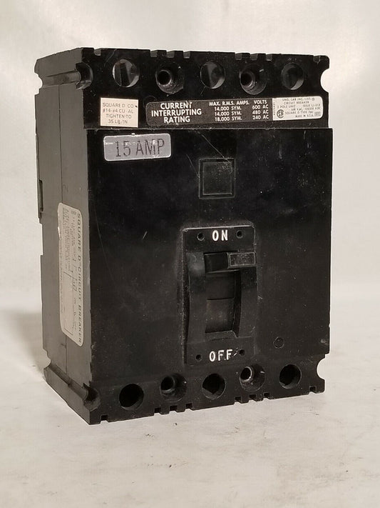 Square D FAL36015 circuit breaker, 15 amps, 3 poles, 600VAC, 125/250VDC