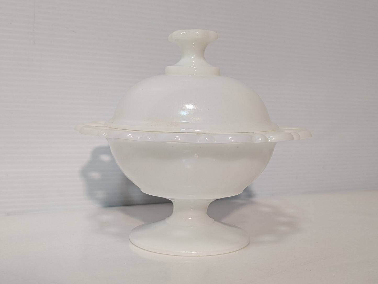 Vintage White Milk Glass Compote Lace Edged Pedestal Candy Dish with Lid, ID: 5"