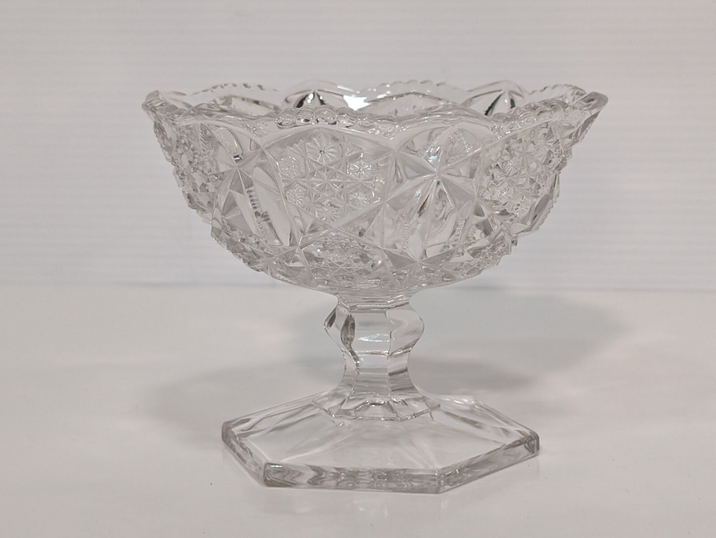 Vintage Clear Glass Crystal Candy Dish Snowflake Pattern Hexagon Pedestal Base