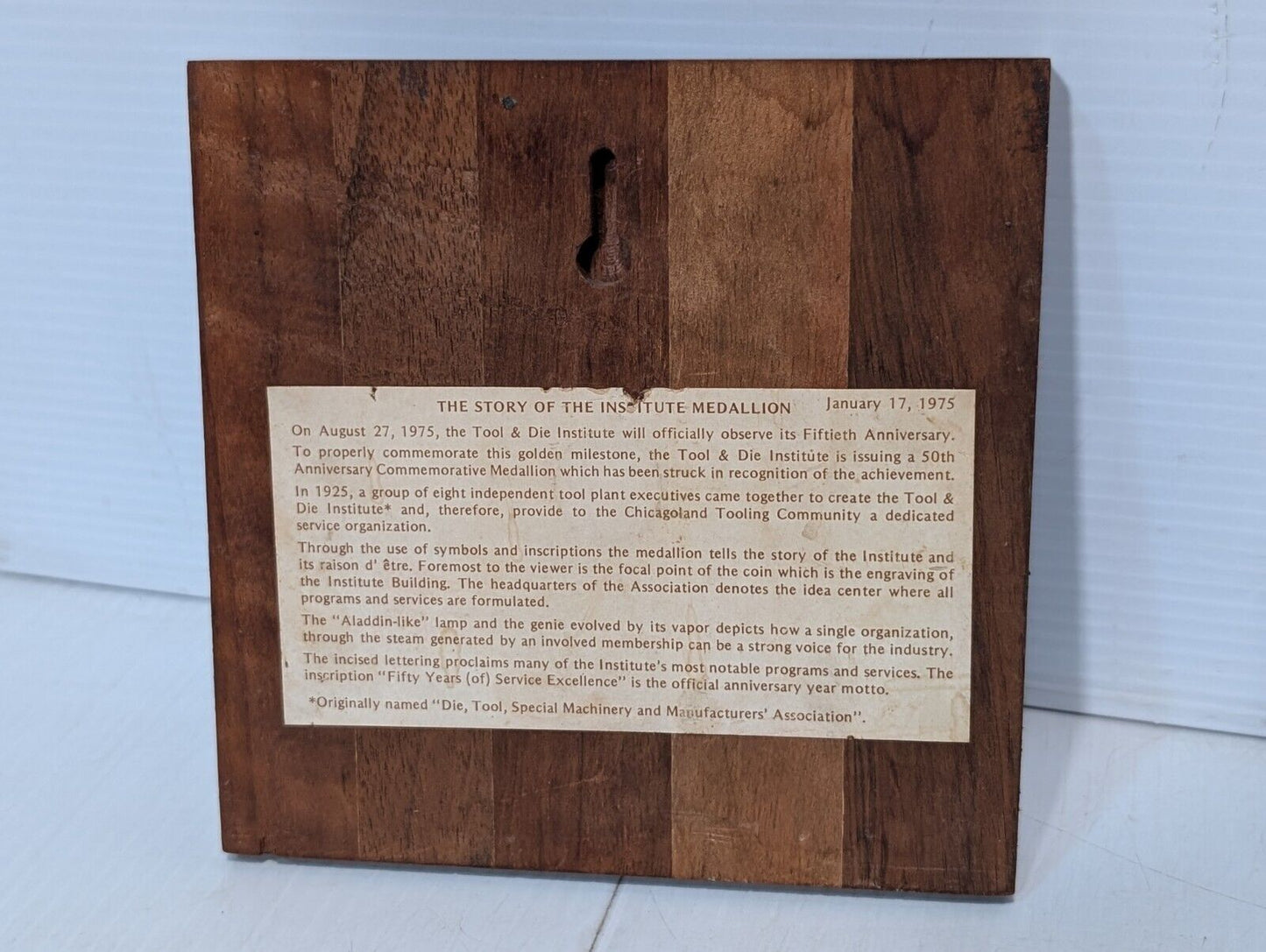 Vintage 50th Anniversary Tool and Die Institute Memorial Plaque - 50 Years Old!