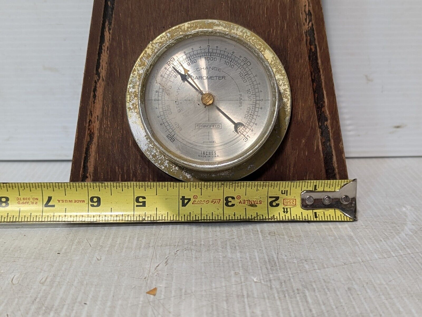 Vintage Springfield Thermometer / Barometer mounted on weathered wood- Free Ship