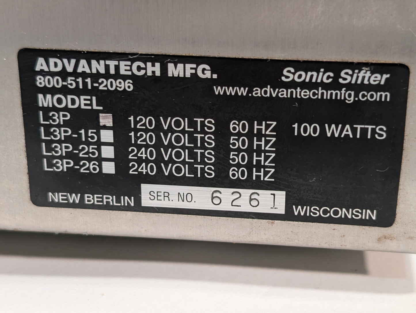 Advantech Mfg L3P Sonic Sifter, Separator, 100 Watts, Serial 6261, Made in USA