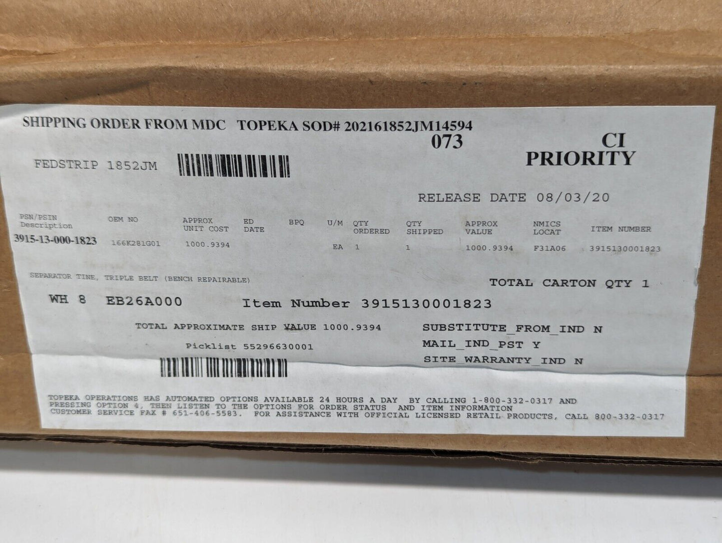 3915-13-000-1823 166K281G01 Triple Belt Separator Tine - Free Shipping
