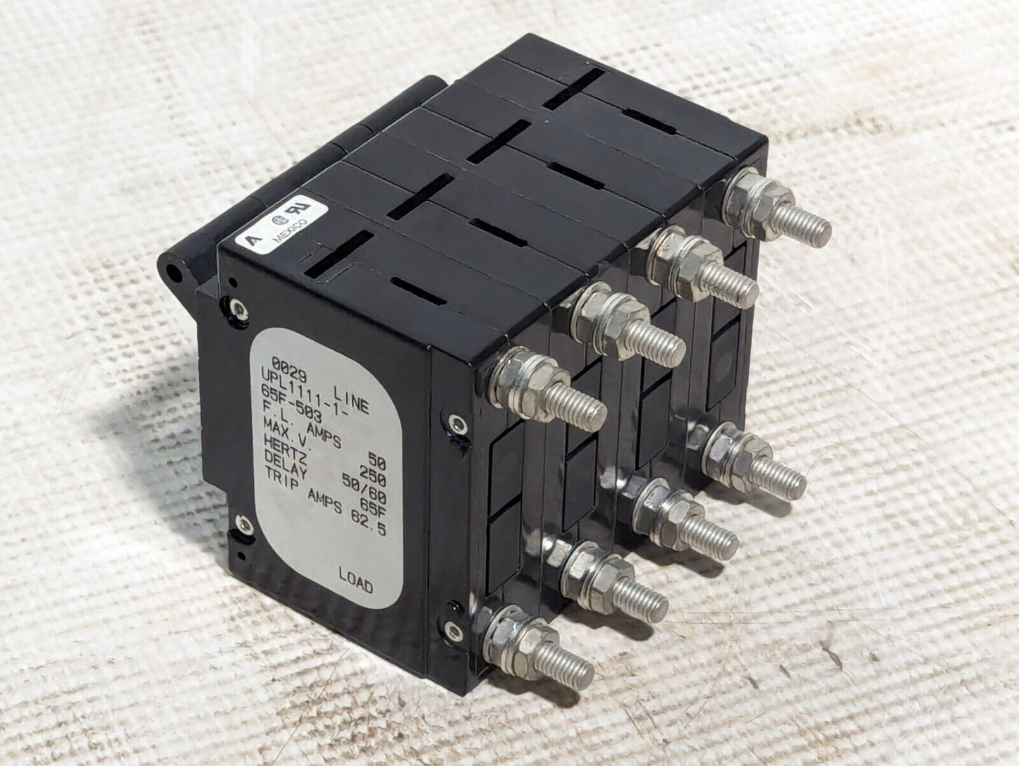 Airpax UPL1111-1-65F-503 circuit breaker, FL 50A, Trip 62.5A, 250VAC, 65F delay