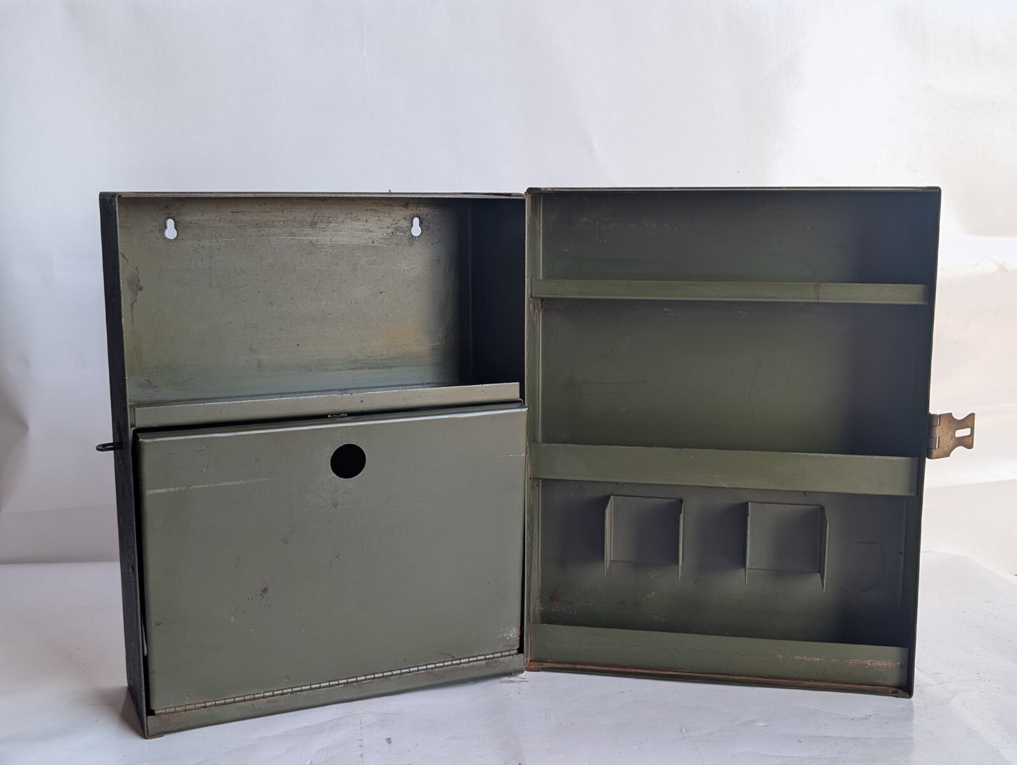 Vintage Metal Cabinet Storage Box with Flap Fold-out, Latch, Shelving