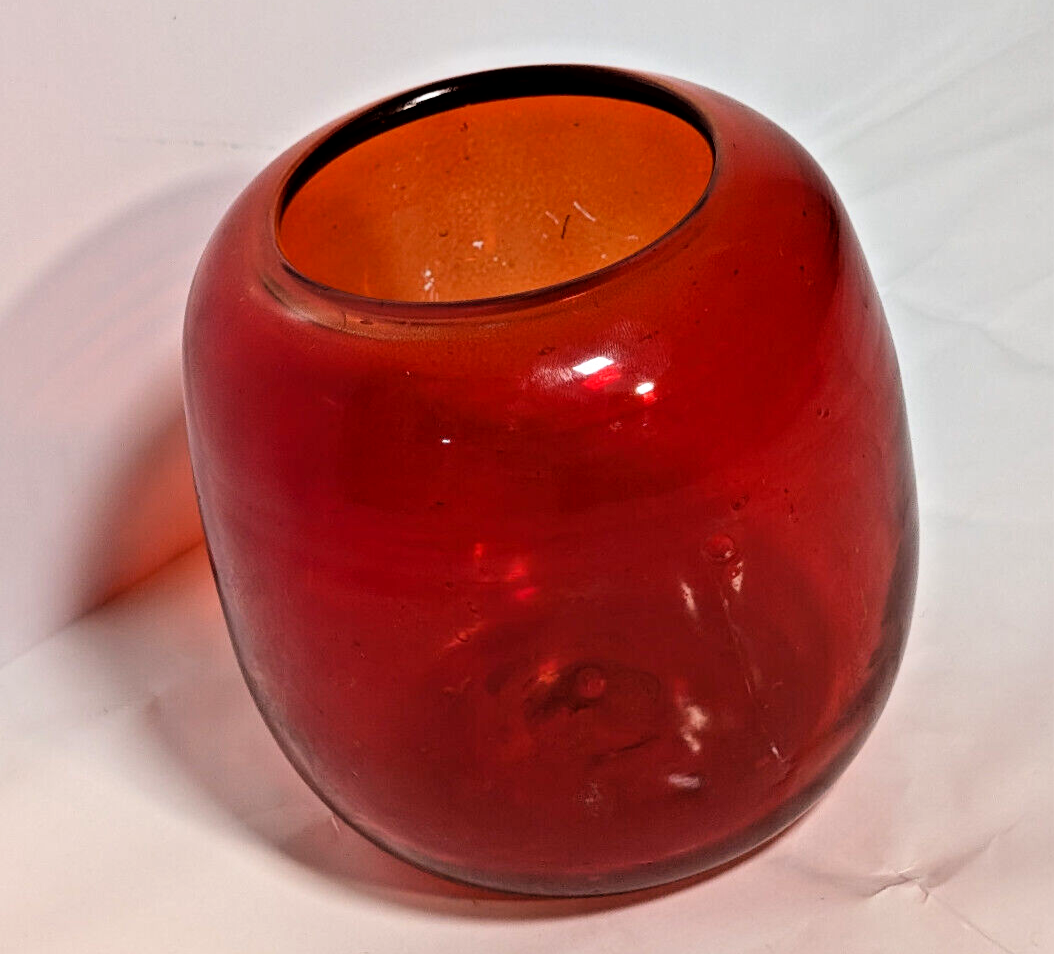 Vintage Poppy Red Round Oval Mid Century Modern Glass Vase, 1960s, Minimalist