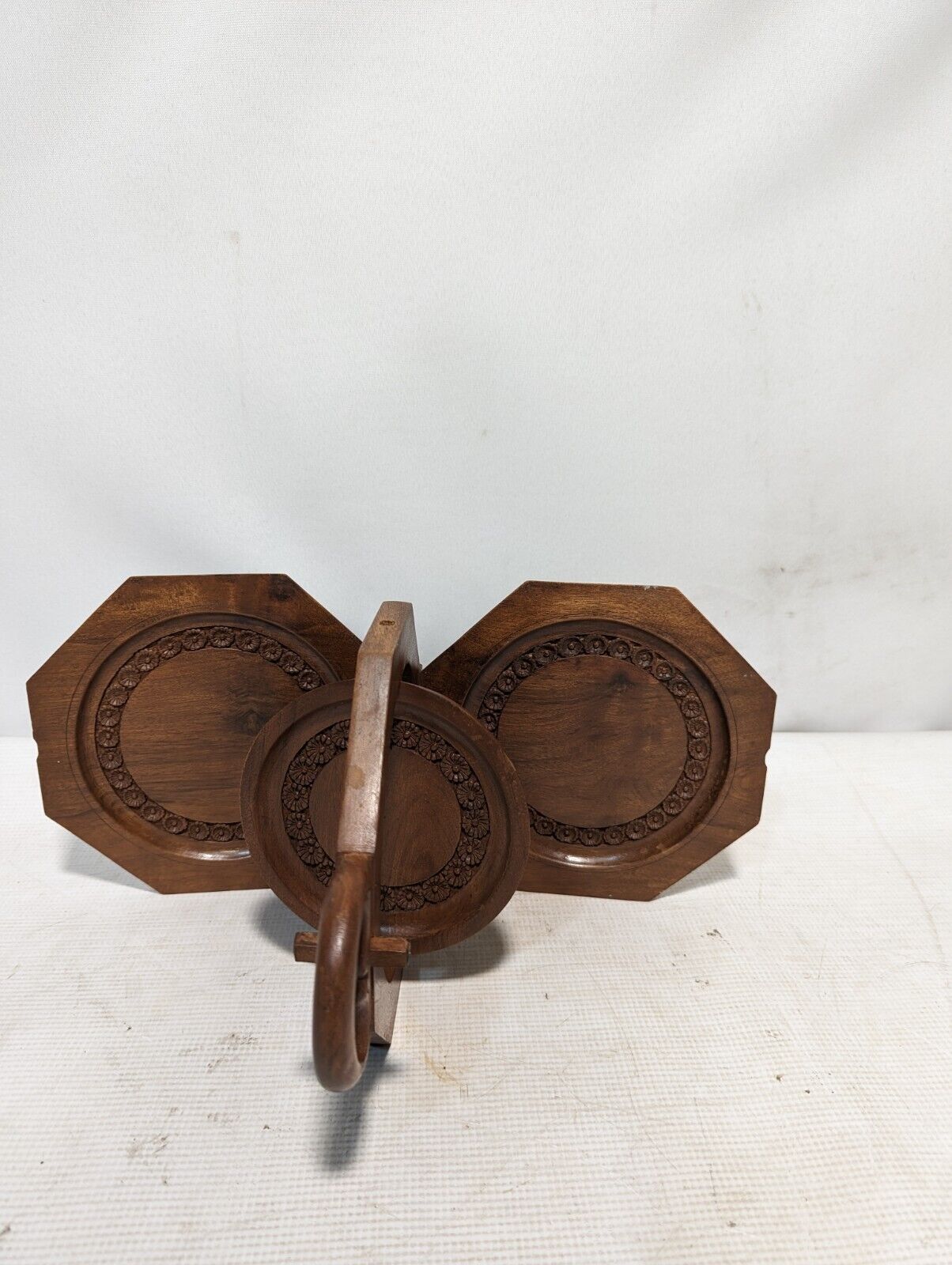Vintage folding hand-carved 3-tier server, 11 inches x 7 inches