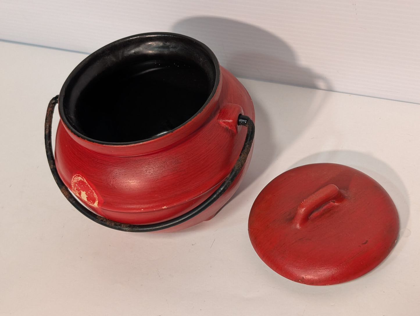 Vintage Mid Century Calif USA 702 Red Bean Pot Jar Black Metal Handle Kettle