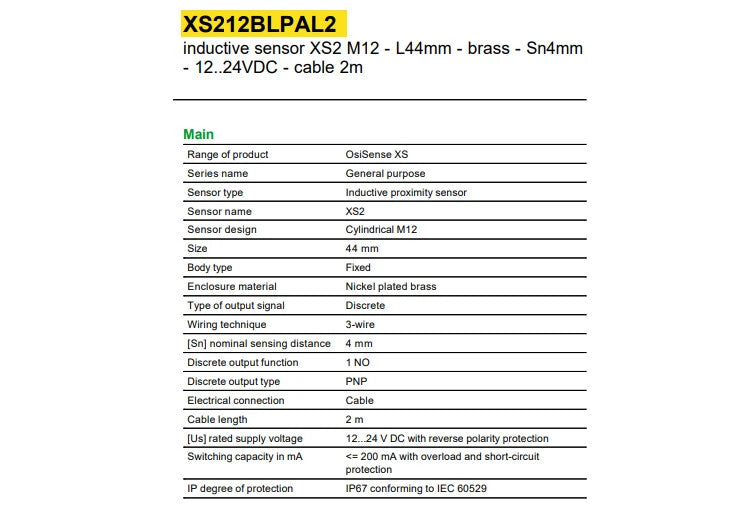Telemecanique XS212BLPAL2 Inductive Proximity Switch Sensor M12, Cylindrical