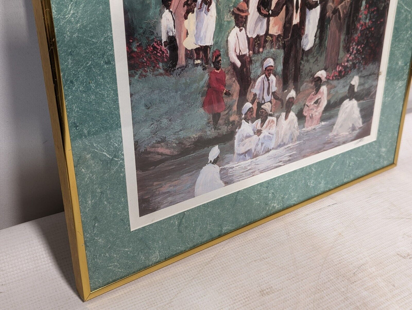 African American Folk Art Print - River Baptism - Framed 18"x15"