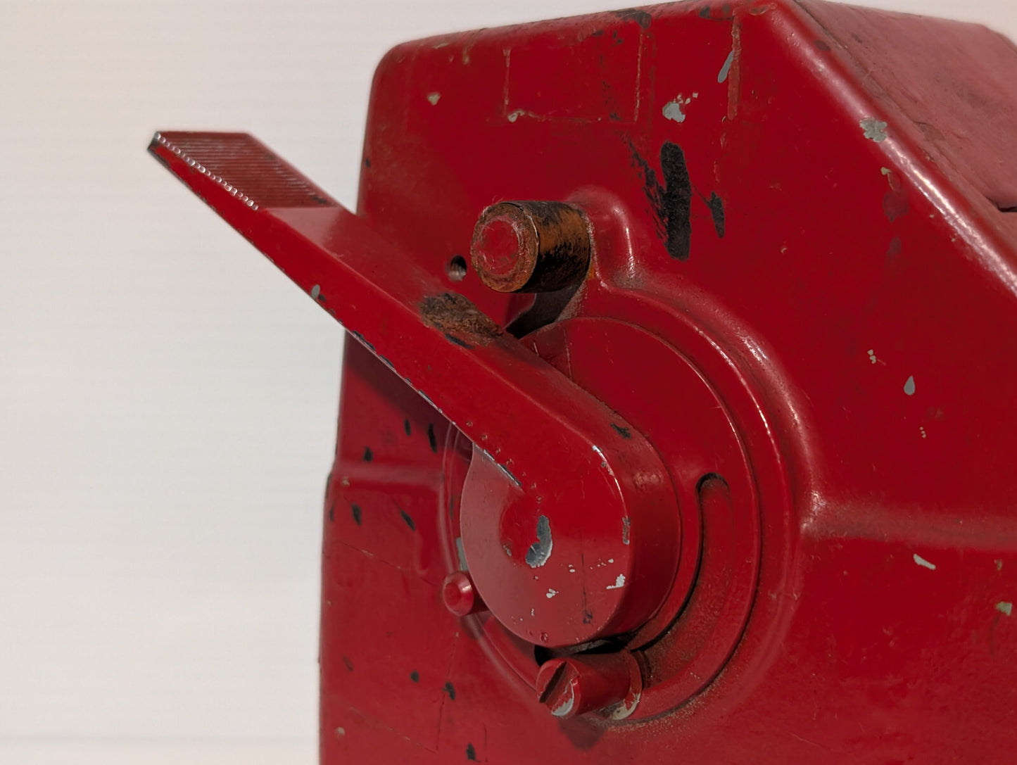 Vintage 1950s Red Cast Iron Industrial Toothed Grip Wheel Tape Dispenser Tool