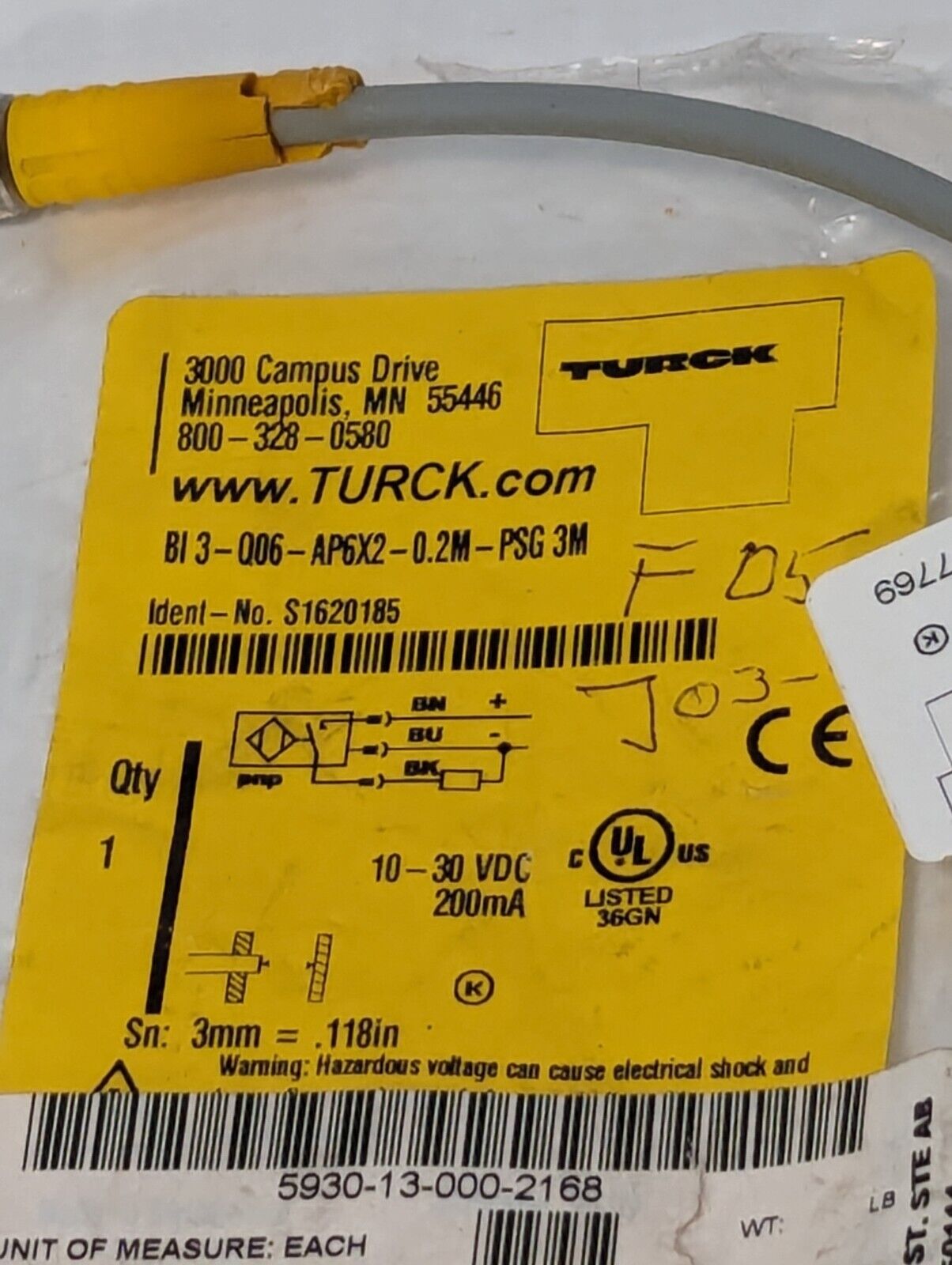 Turck BI3-Q06-AP6X2-0.2M-PSG 3M Sensor 3 Wire - Free Shipping