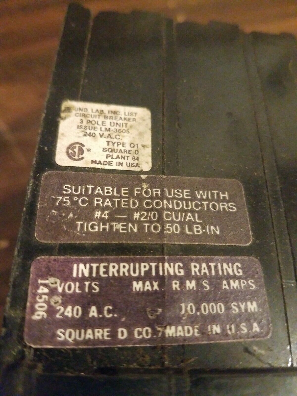 Square D Q1390, 90 amps, 3 pole, 240 VAC circuit breakers