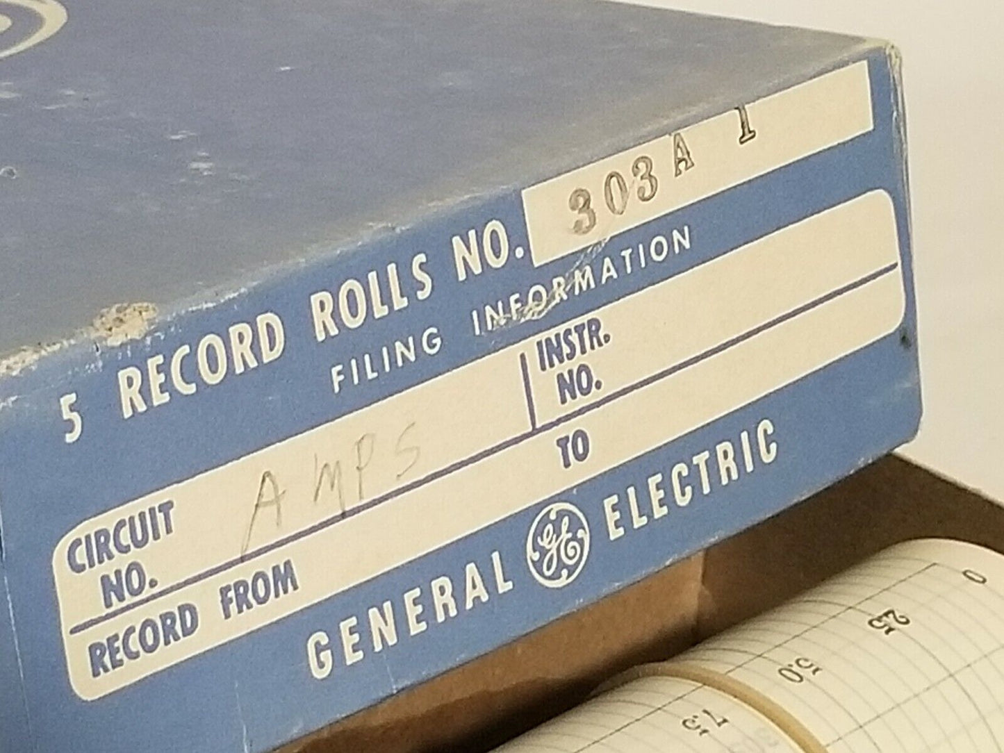 2 boxes of GE record rolls V2A71 (volts) and 303A1 (amps), 5 rolls per box