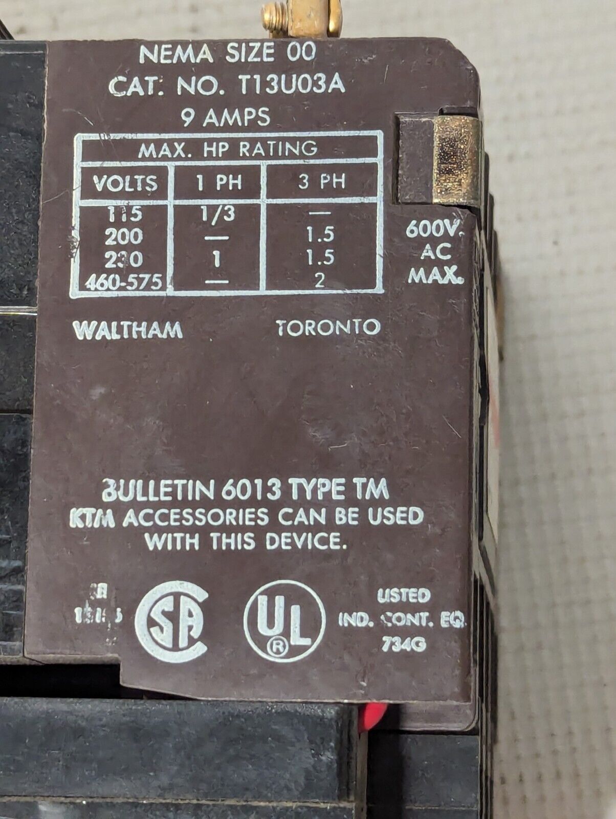 Sylvania T13U03A Motor Starter, NEMA Size 00, 110/120v Coil, 9A,600VAC Max