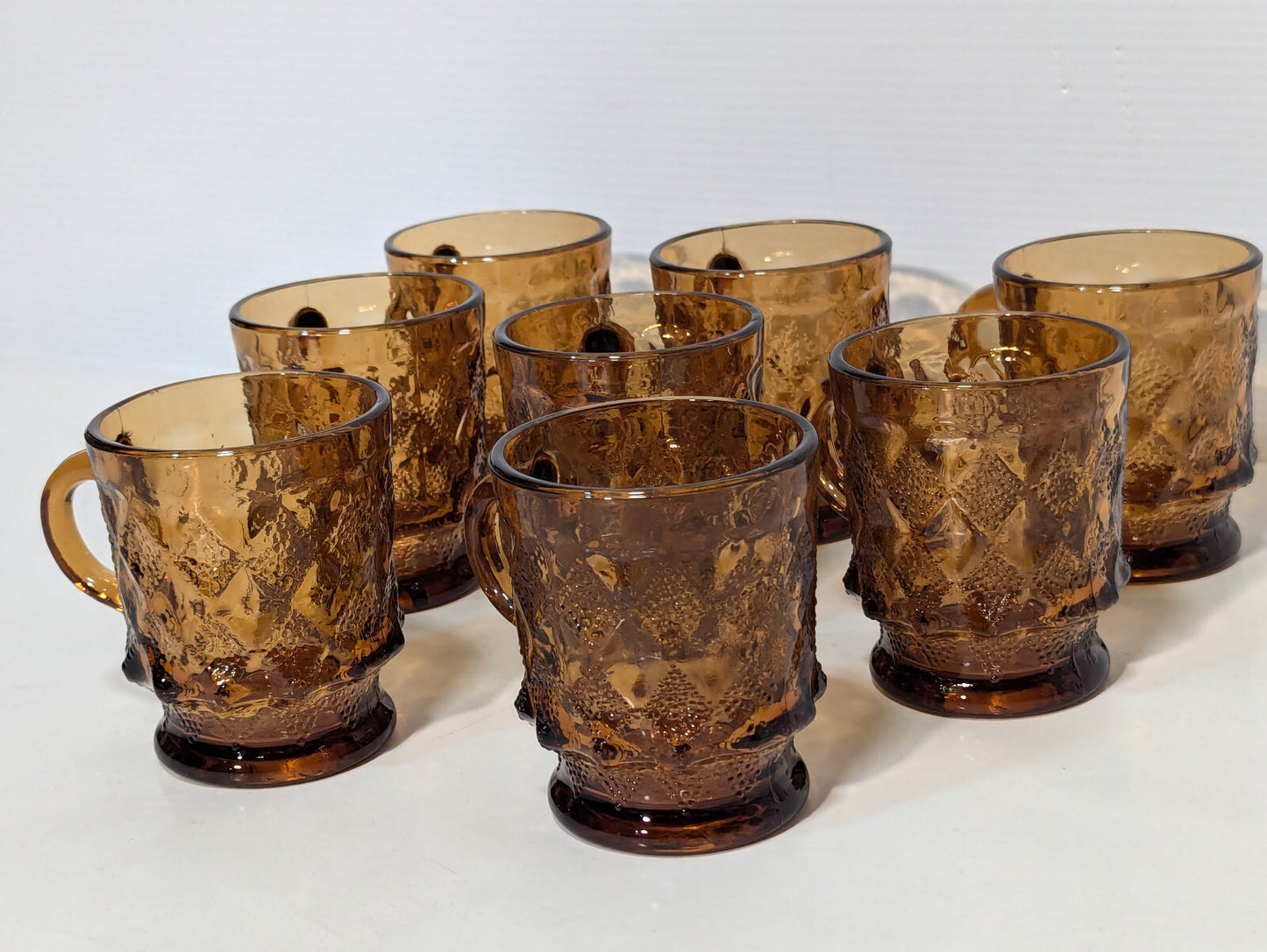 Vintage 8 Piece Anchor Hocking Amber Brown Glass Kimberly Diamond Cups Fire King