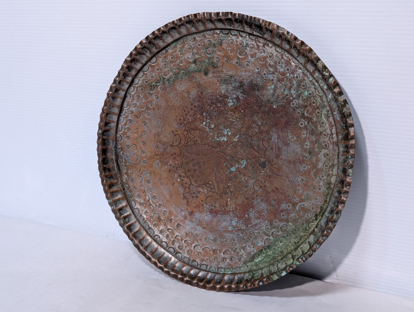 Vintage Hammered + Etched Copper Tray, Possibly Persian or Syrian, 13" Diameter