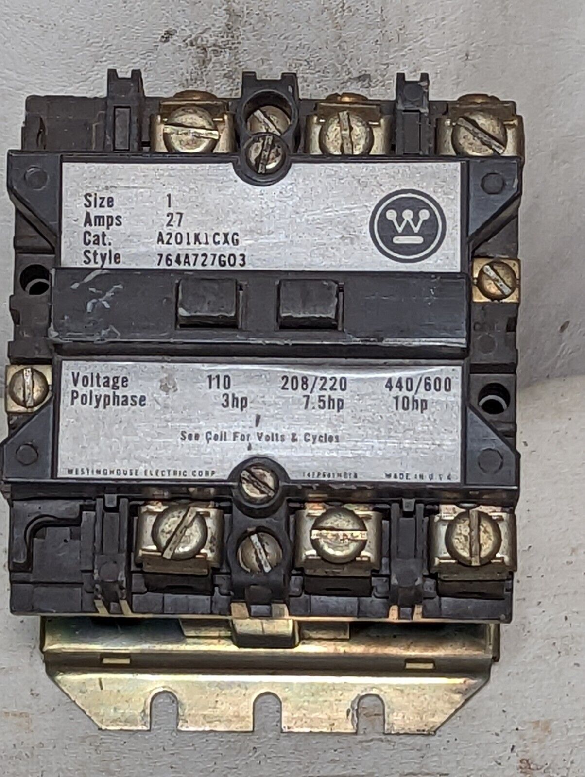 Westinghouse A201K1CXG contactor, size 1, 10HP, 27A, 440/480VAC