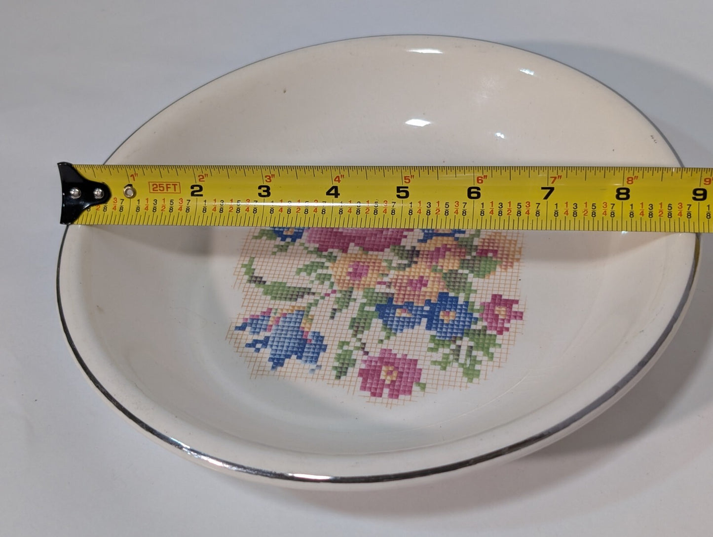 Vintage Hotoven Harker Pottery Floral Petit Point Silver Trim Round Plate