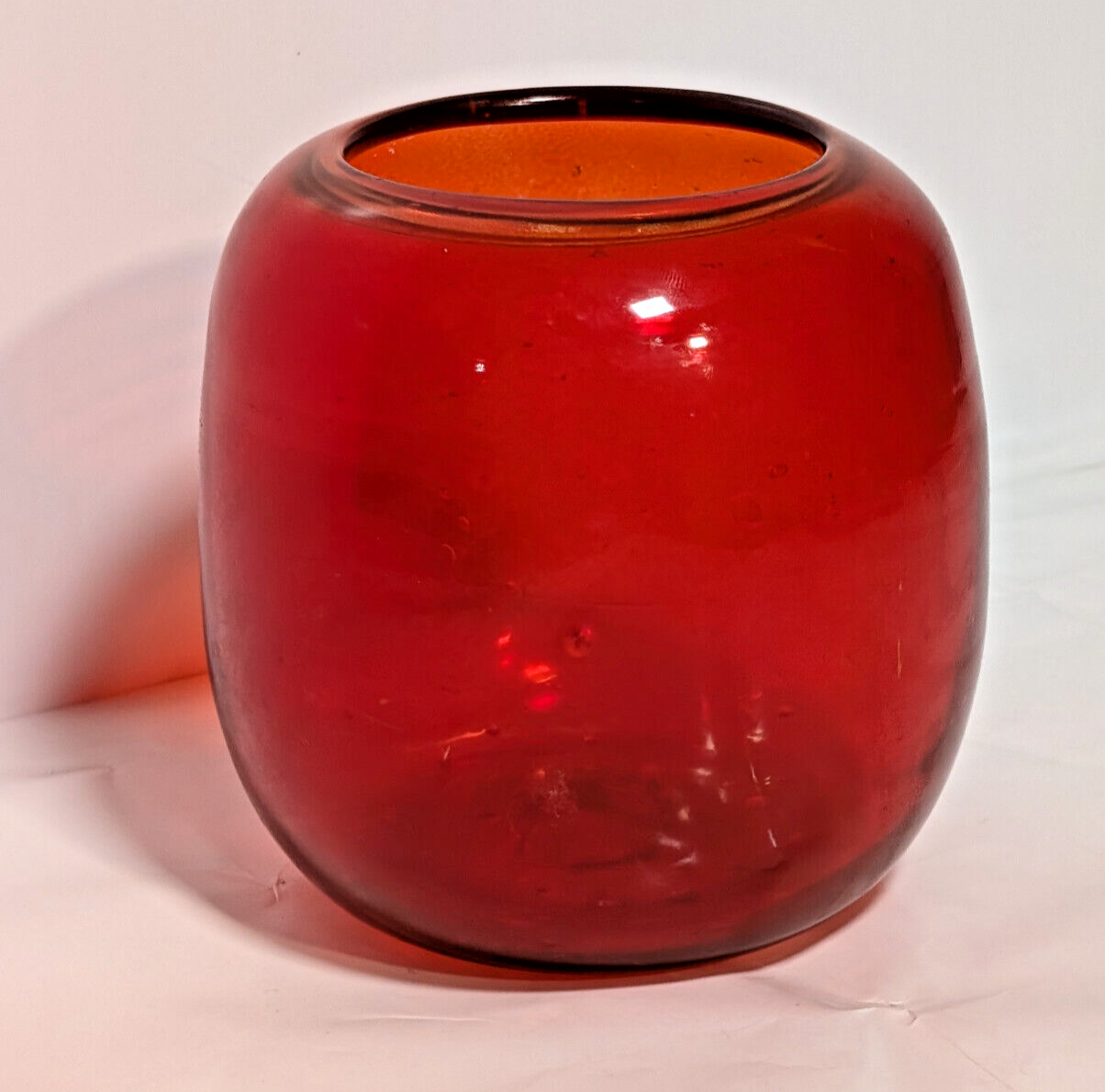 Vintage Poppy Red Round Oval Mid Century Modern Glass Vase, 1960s, Minimalist