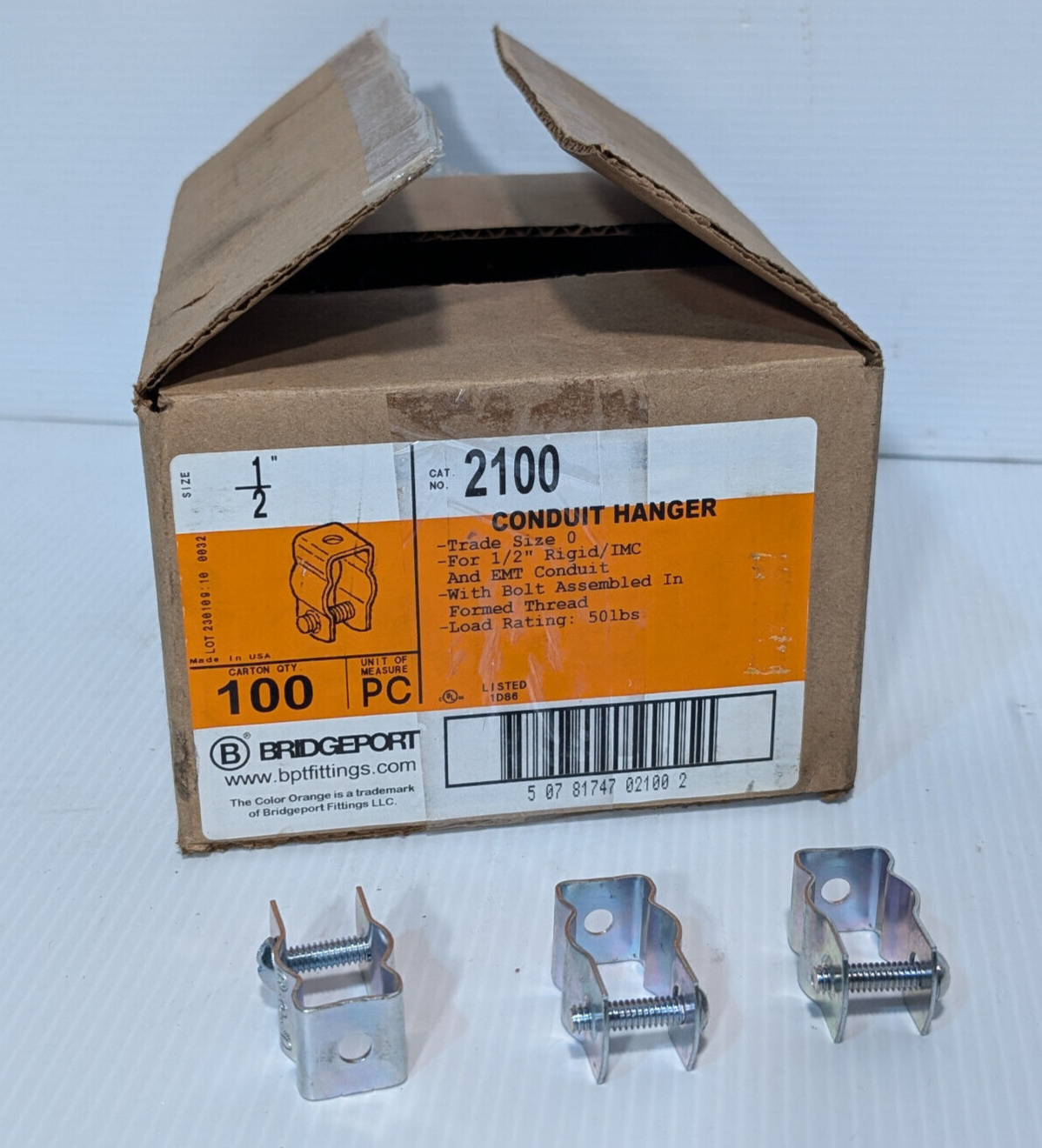 100 Ct. box Bridgeport Fittings 2100 3/8"-1/2" Rigid Conduit Hangers, Free Ship.