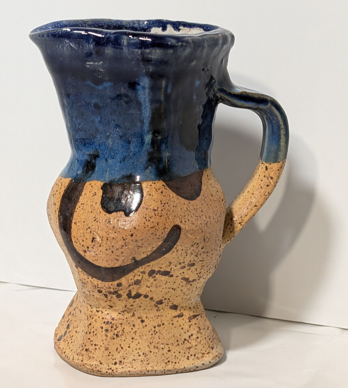 Vintage Blue Brown Glaze Artisan, Folk Art, Handmade, Pottery Mug, Vase, Planter