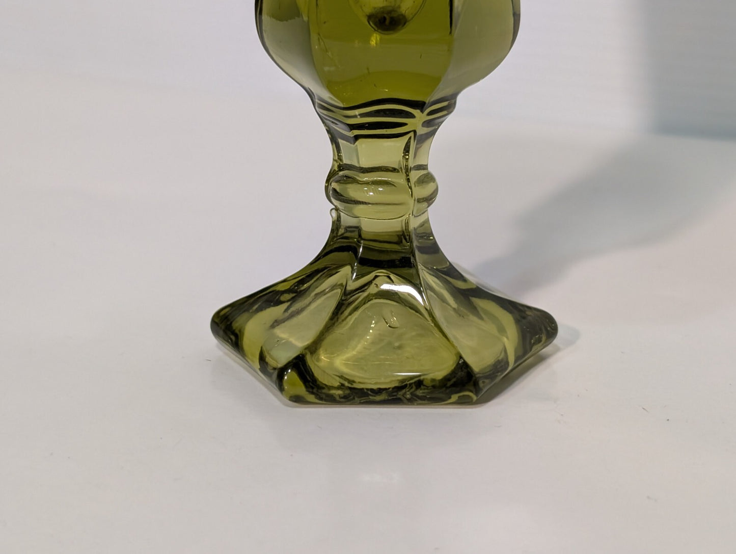 Vintage Fostoria 6-Sided Olive Green Glass American Liberty Coin Bud Vase 8"
