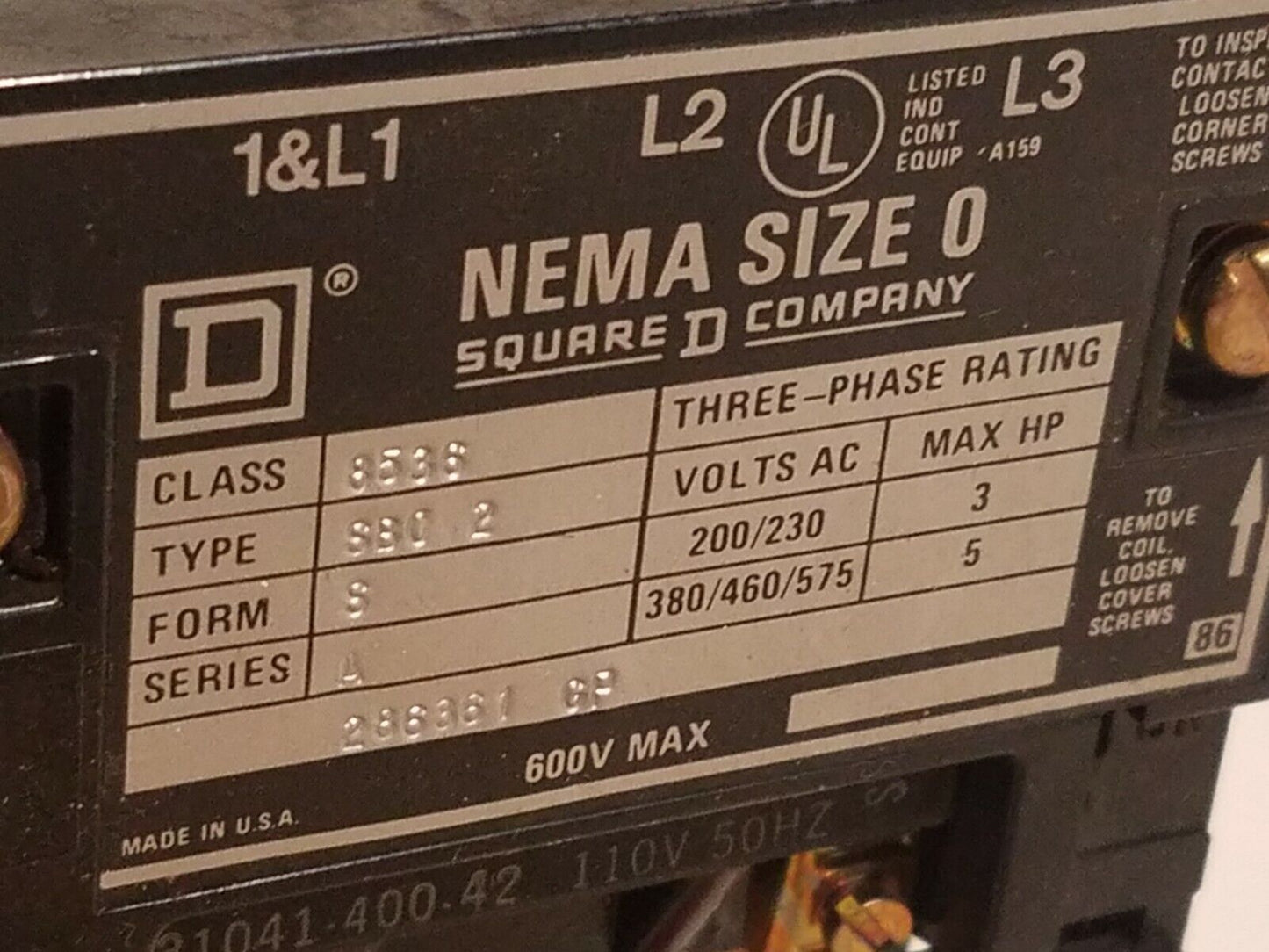 Square D 8536SB02V02S, ser. A, NEMA size 0, motor starter, 110/120VAC coil