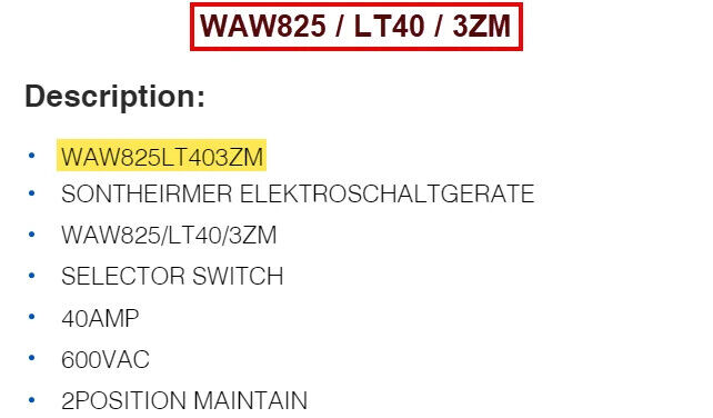 Sontheimer WAW825/LT40/3ZM Selector Switch, 690V, 40A, No Knob - Free Shipping