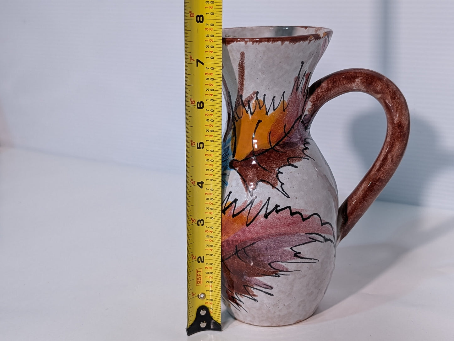 Vintage Mid Century 50s Florentine Original Handpainted Leaves Art Pitcher Vase