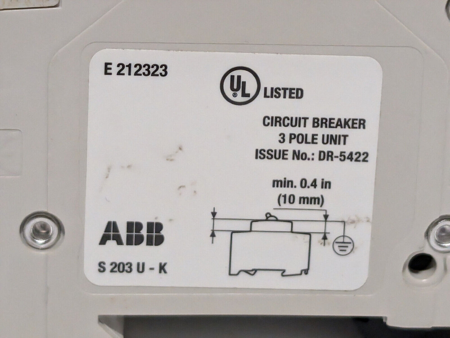 ABB S203U-K10A Circuit Breaker, 3 Pole Unit, Min .4", Made in Germany