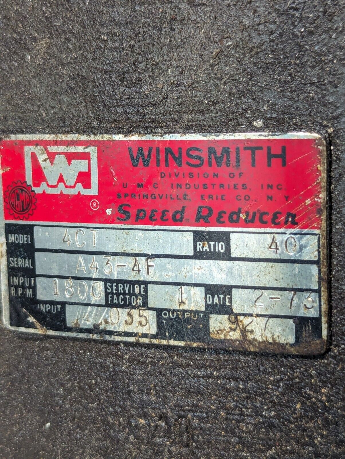 Winsmith 4CT Gear Reducer / Speed Reducer, Ratio 40:1, Input RPM 1800
