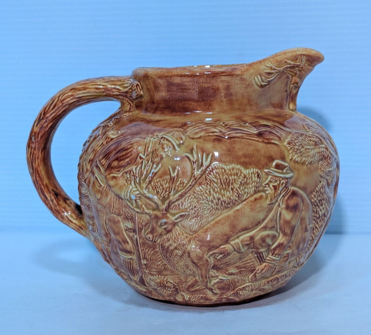 Vintage Brown Glazed Pottery Pitcher Elk, Deer, Buck, Hunters, Forest Wood Scene