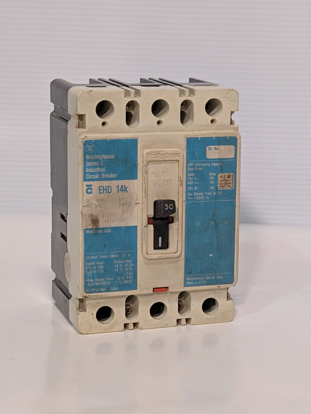 Westinghouse EHD3030 Industrial Circuit Breaker, 3 Pole, 30 Amp, 480vac, 14kA