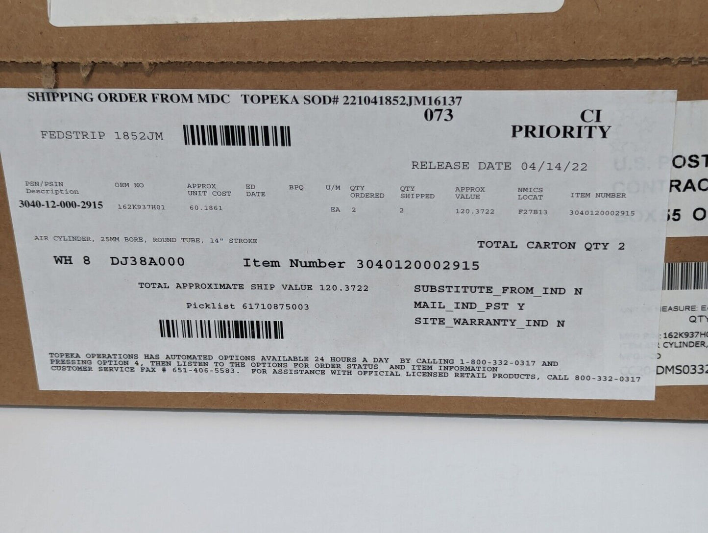 SMC NCDGBA25-1400-DUL02614 Max. Press. 145PSI Air Cylinder - Free Shipping