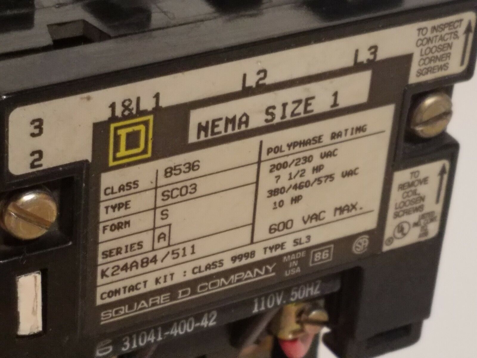 Square D 8536SC03V02S, size 1 motor starter, w/ 110/120VAC coil