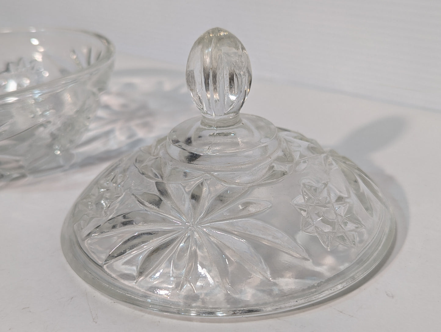 Vintage Antique Crystal Clear Glass Candy Dish, Snack Jar, Lid, Starburst Design