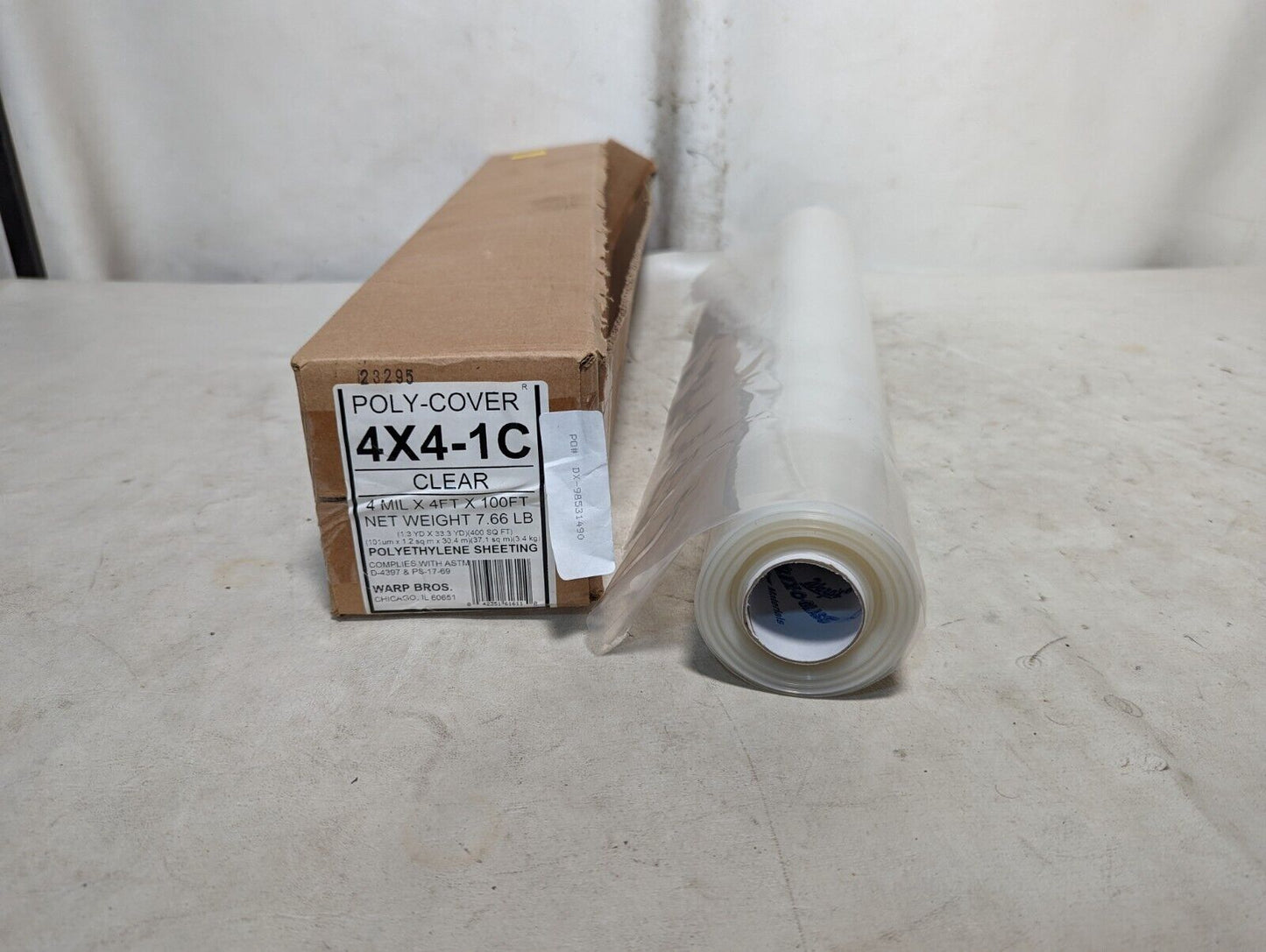 Warp Bros. 4x4-1C polyethylene sheeting, clear, 4mil x 4ft x ~50ft, 4.25lb