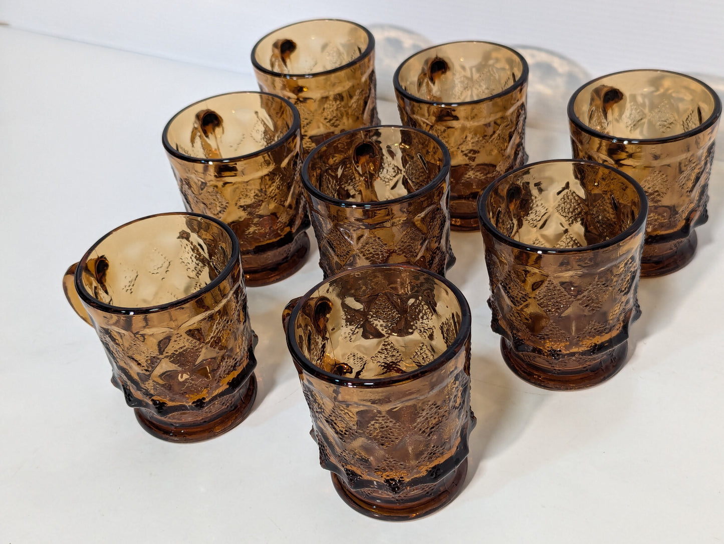 Vintage 8 Piece Anchor Hocking Amber Brown Glass Kimberly Diamond Cups Fire King