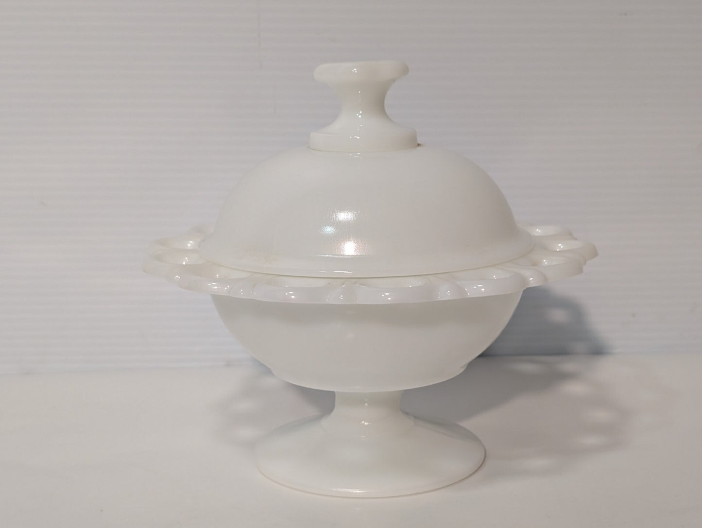 Vintage White Milk Glass Compote Lace Edged Pedestal Candy Dish with Lid, ID: 5"