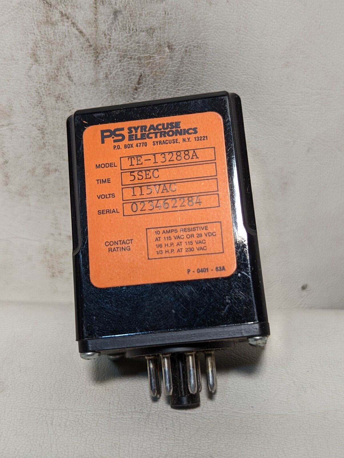 Syracuse Electronics TE-13288A relay, 5 seconds, 115VAC, 10A resistive at 115VAC